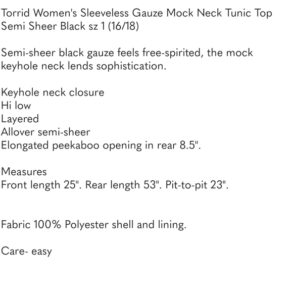 Torrid Women's Sleeveless Mock Neck Tunic Top Semi Sheer Black sz 1 (16/18) - Picture 13 of 14